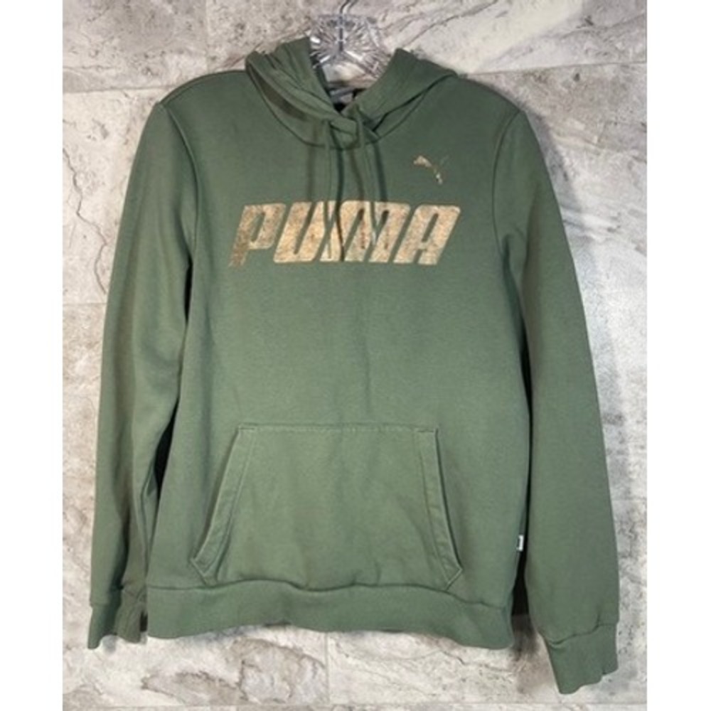 Puma Women's Green Pullover Hoodie Metallic Logo Casual Athleisure Size L